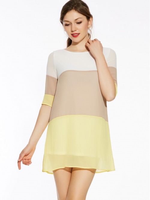 Casual Above Knee Half Sleeve Color Block Round Ne...