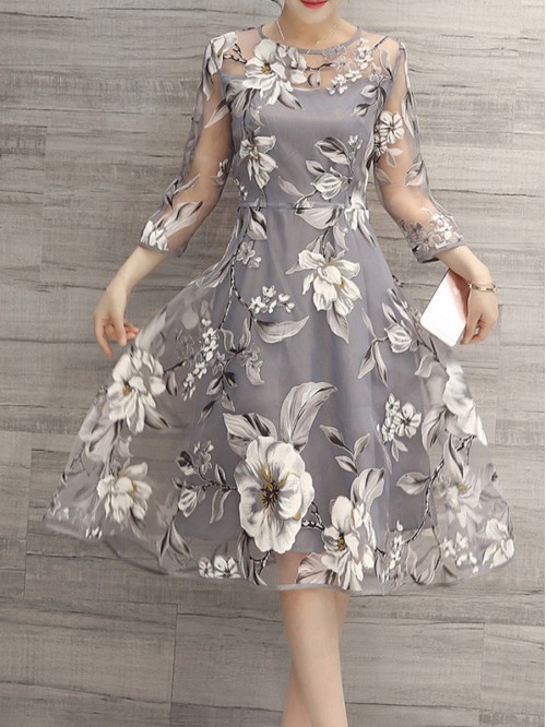 Cute Gray Three-Quarter Sleeves High-Waist Floral ...