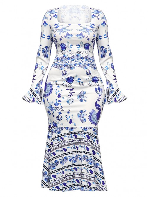 vintage Ankle-Length Long Sleeve Print Floral Dres...