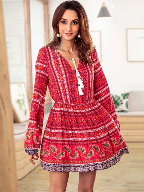 Bohemian Above Knee Floral Casual V-Neck Long Slee...