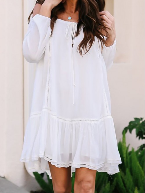 Cute Pure White Knee-Length Long Sleeve Off-the-Sh...