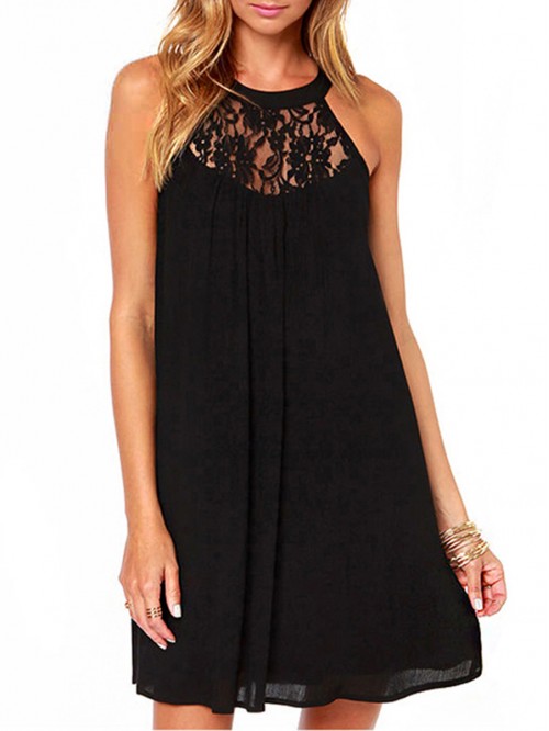 Black/White Lace Round Neck Sleeveless Patchwork D...