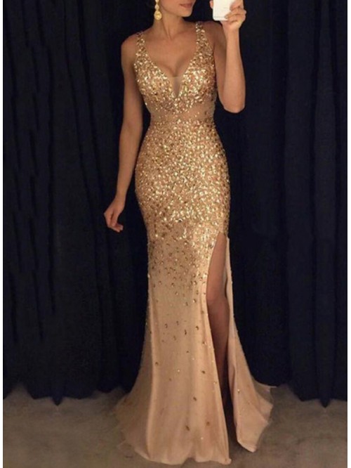 Golden Floor-Length Pullover Bodycon Dress