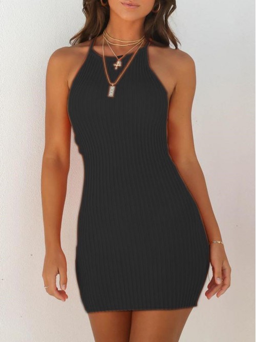 Black Solid Color Slim Halter Sweater Dress