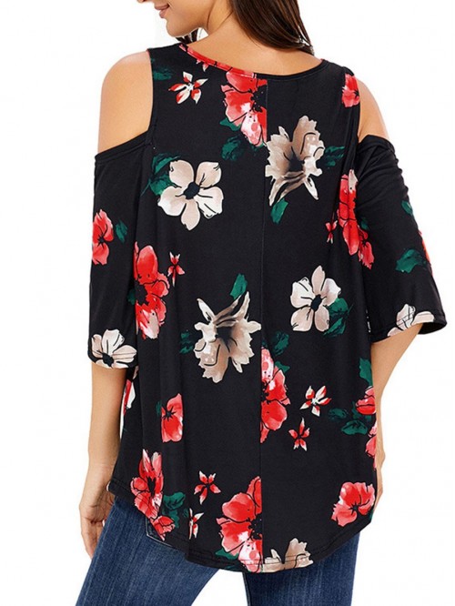 V-Collar Printed Shoulder-Exposed T-Shirt For Wome...