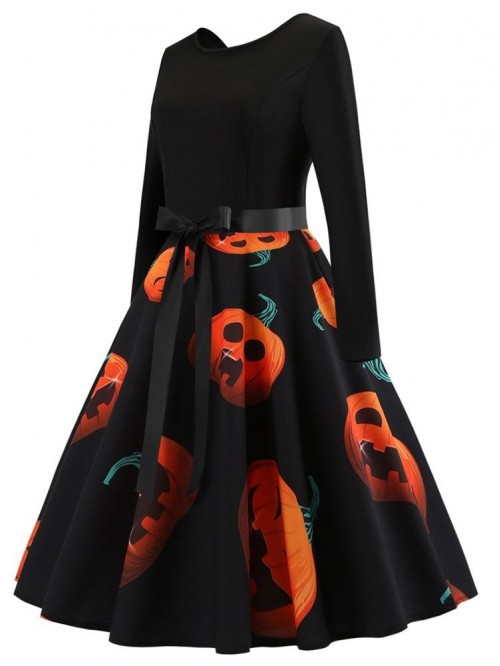 Black Vintage Printed Long Sleeve Dress