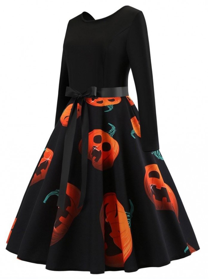 Black Vintage Printed Long Sleeve Dress