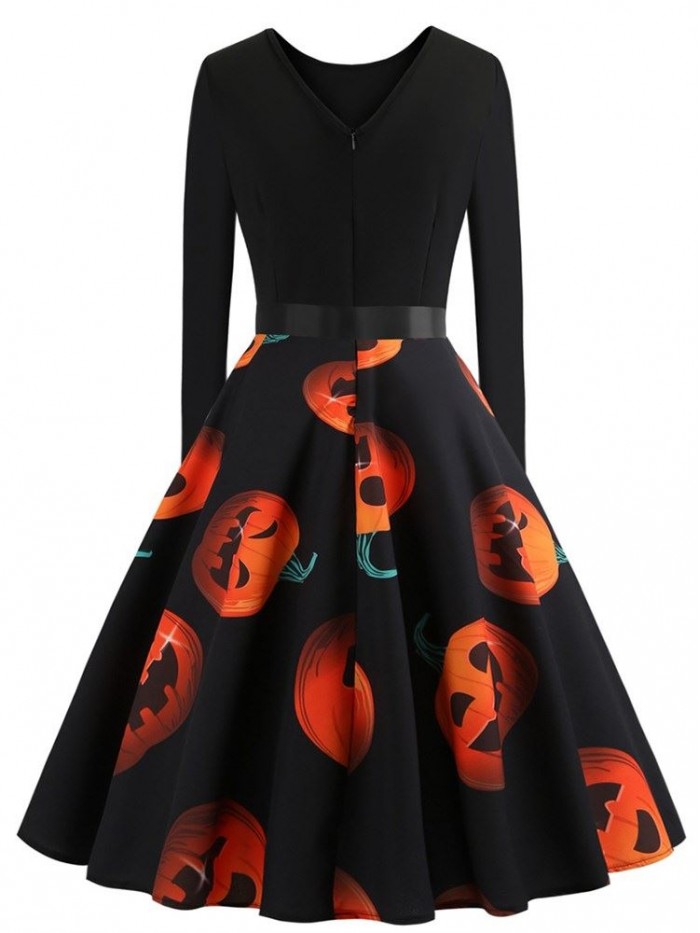 Black Vintage Printed Long Sleeve Dress